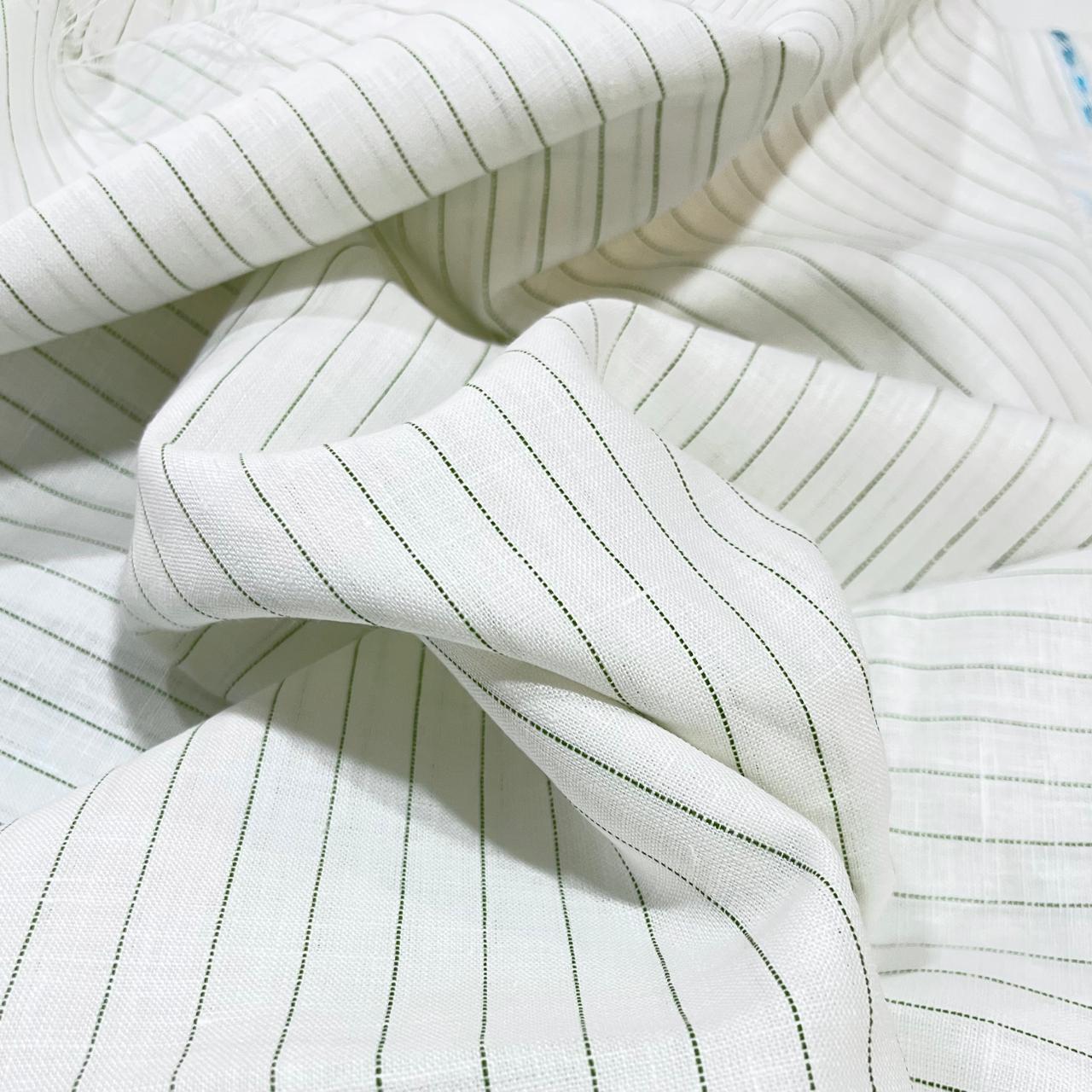 White Dotted Dark Green Stripe (70's) - Dyed Premium Linen Fabric BCMN-707069 (NEW)