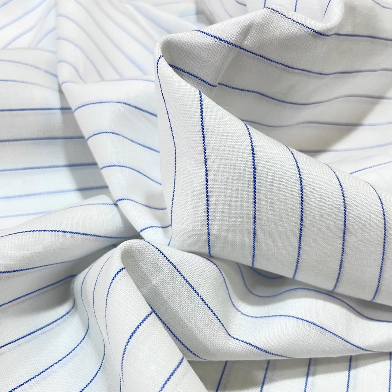 White with Blue Stripe (80's) - Dyed Premium Linen Fabric BC-AVS-80059 (NEW)
