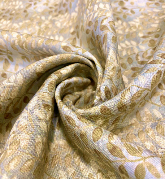 Grey Golden Leaf Allover Printed Linen Fabric - Dyed Premium Linen Fabric LAD-174