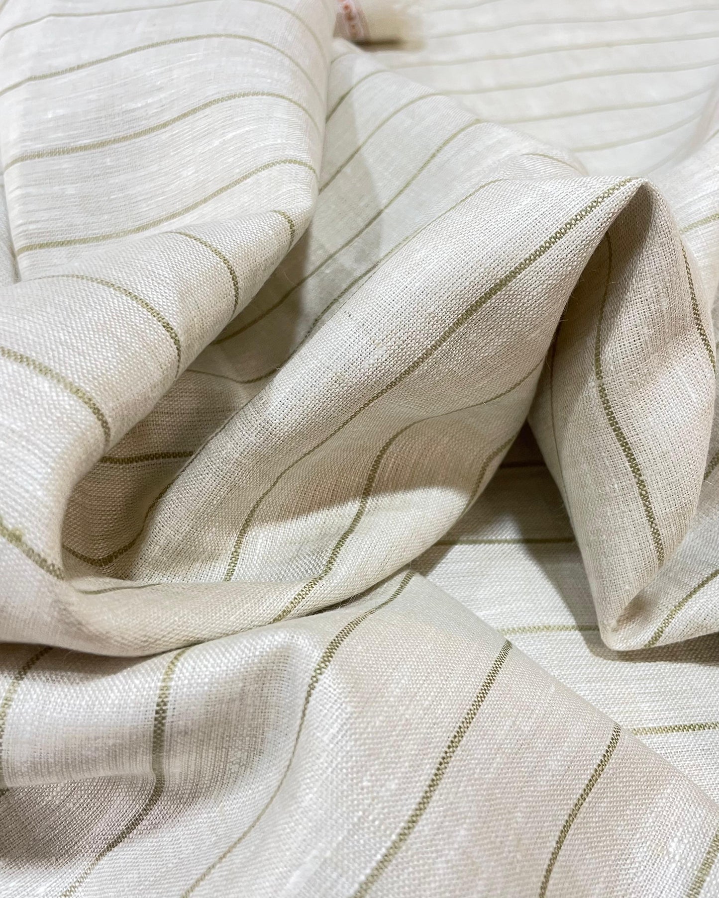 Cream with Green Stripe (60's) - Dyed Premium Linen Fabric BC-WL-601078 (NEW)